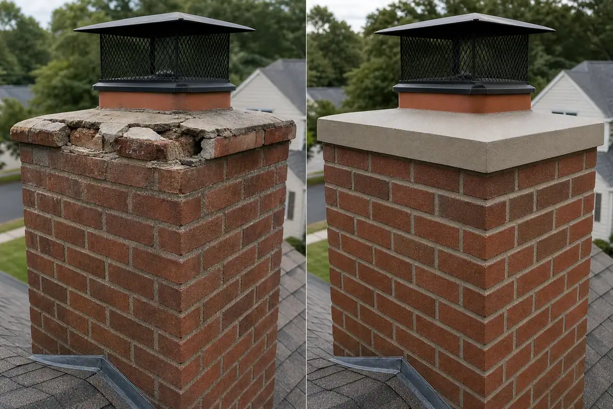 Before and after chimney masonry repair, showing a cracked crown replaced with a clean rebuilt crown