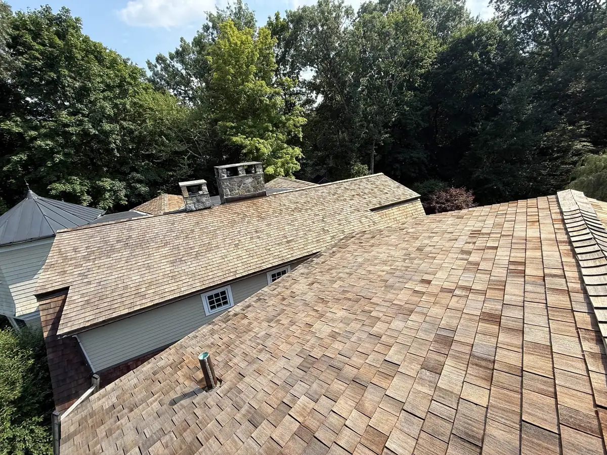 Completed cedar shake roof in Cos Cob