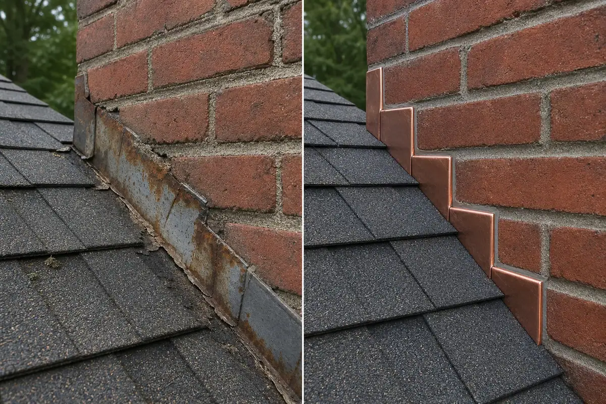 Side-view before and after of a brick chimney, showing rusted damaged flashing replaced with copper step flashing tucked beneath shingles