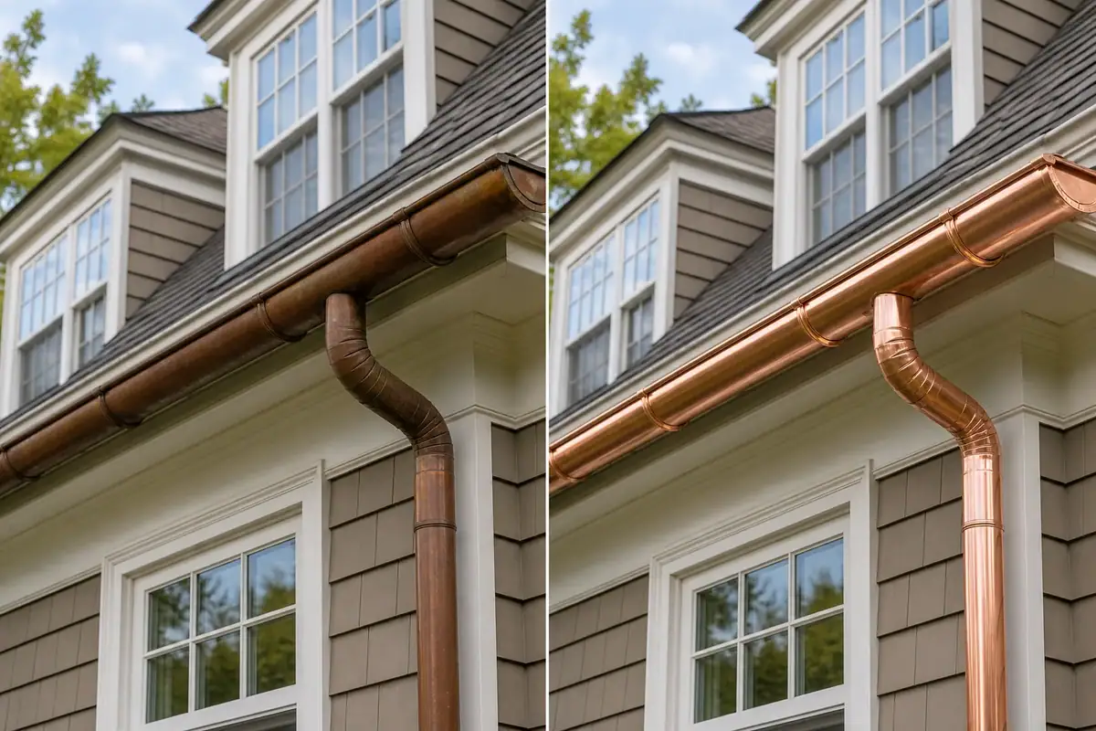 Before and after copper gutter installation, showing naturally aged brown copper replaced with polished new copper gutters