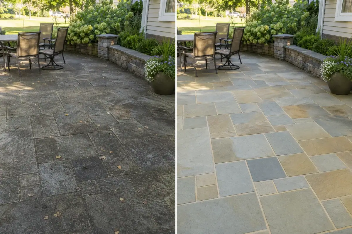 Before and after power washing, showing a lightly weathered patio refreshed to clean natural stone
