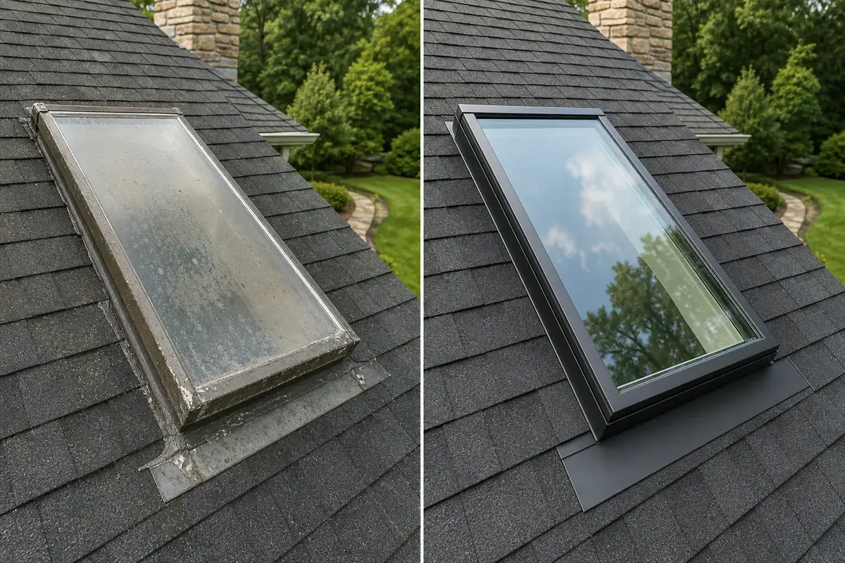 Before and after skylight replacement, showing an old weathered skylight replaced with a new skylight